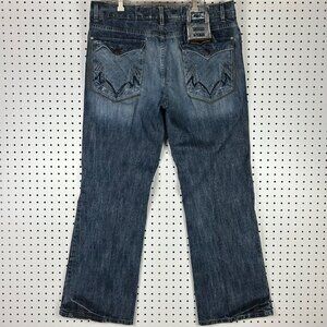 Indigo Star Y2K Gothic Baggy Jeans 38x32 Denim Blue Flare Embroidered Punk Cyber